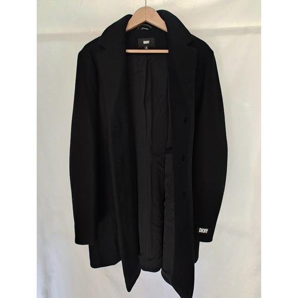 DKNY Wool Blend Over Coat XXL Black Longline Button Front Stand Collar Jacket - Picture 3 of 13